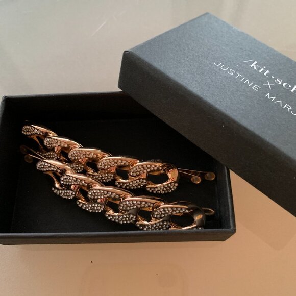 Lot of 2 BNIB Kitsch x Justine Marjan XL Rhinestone Chain Gold Bobby Pin Set - Picture 8 of 8